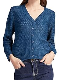 Mujer Botón Abajo 3 4 Manga de Punto Cropped Cardigans Crochet Suéter V Cuello de las Señoras Corto Bolero Cardigan (S-XXL)