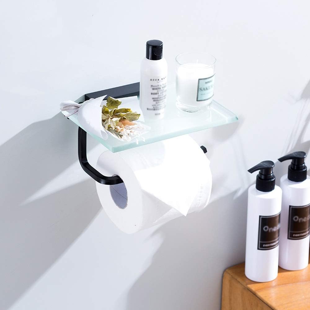 LifeX Modern Black Toilet Paper Holder with Glass Shelf, Bathroom Tissue Roll Hanger with Mobile Phone Storage Shelf, Space Aluminum, Wall Mount, Oxidation Finish