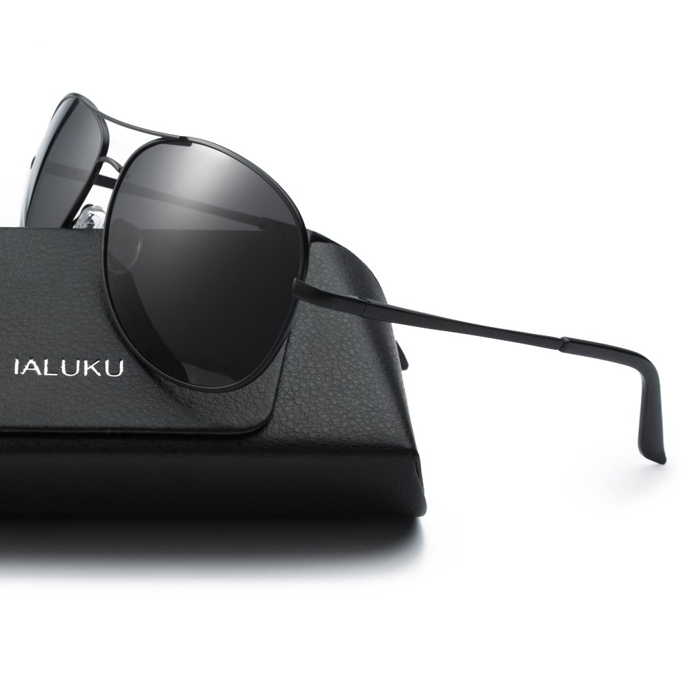 IALUKU Aviator Sunglasses Polarized for Men Classic Pilot Metal Frame UV400 (Black / Grey, 64mm)