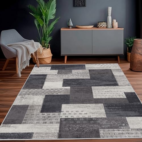 Calinline Moderne Geometrische Patchwork Indoor Wohnzimmer Teppich, Anthrazit 120X160 Cm Große Teppiche Rockwood Sammlung Böden Dekor Für Schlafzimmer, Grau Weich Kurzflor Waschbar Teppich Gegend