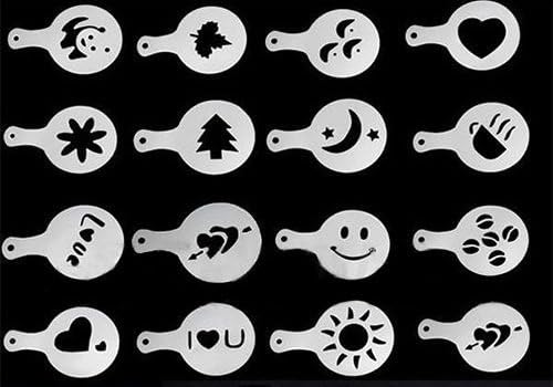 16Pcs Fashion Cappuccino Coffee Barista Stencils Template Strew Pad Duster Spray