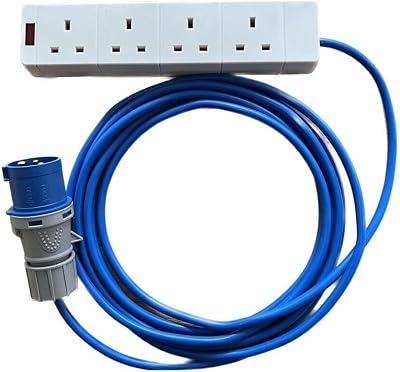 K M Electronics 4 Way Socket to 16A Plug Camping Mains Cable 1M