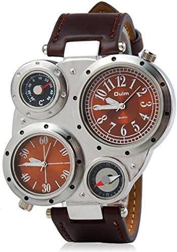 TOMORO Sports Military Multi-function Watch for Men with Brown Round Dial Dual Movt Leather Strap