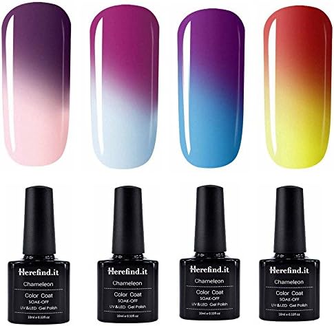 Pack of 4 Bottles Chameleon Thermal Colour Changing Gel Polish Soak Off Nail Art Varnish Nail Polish Soak Off | Requires UV or LED Nail Lamp (4 bottles - F)