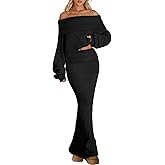 LILLUSORY Womens Off the Shoulder Sweater Dress Knit Two Piece Maxi Skirt Sets