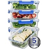 [LARGER PREMIUM 5 SET] 36 Oz. Glass Meal Prep Containers with Lifetime Lasting Snap Locking Lids Glass Food Containers BPA-Free, Microwave, Oven, Freezer and Dishwasher Safe (4.5 Cups, 36 Oz.)