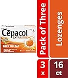 Cepacol Extra Strength Sore Throat Relief Lozenges, Honey Lemon Cough Drops, Maximum Numbing- Fast Acting Sore Throat, Mouth & Canker Sore Pain Relief with Benzocaine & Menthol, 16 Count (Pack of 3)