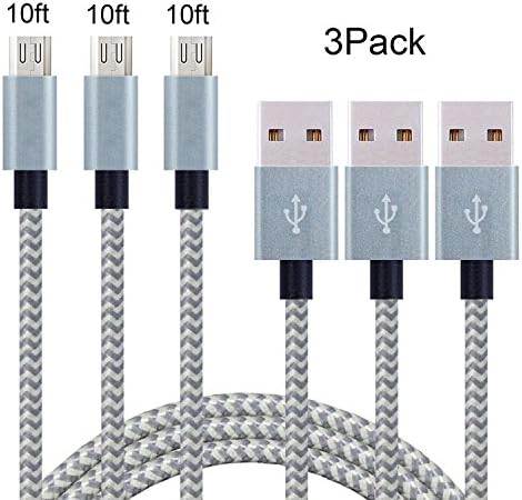 Awengu Micro USB Cable 2.0 3Pack 10ft Nylon Braided Extra Long USB Charging Cable for Android, Samsung Galaxy, HTC, Nokia, Huawei, Sony and Other Tablet Smartphone (gray)