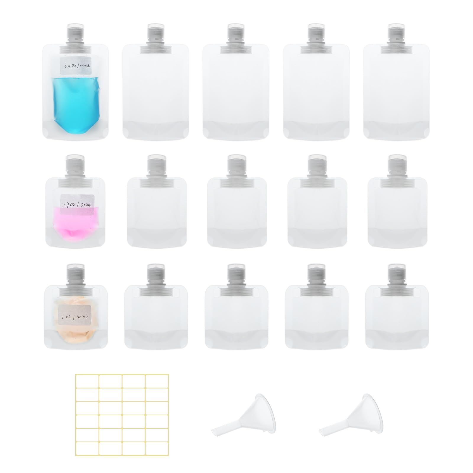 Photo 1 of Mulaibdin 15 Pcs Travel Pouches for Toiletries, 30ml/50ml/100ml Leak Proof Squeeze Pouches, Refillable Stand Up Pouches with Labels, TSA Approved Travel Containers for Shampoo, Conditioner