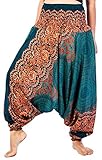 Lofbaz Women's Smocked Waist Rose Pattern 2 in 1 Harem Pants Jumpsuit Teal Green M