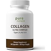PureNature Collagen Ultra - Collagen Peptides with 5 Types I, II, III, V & X Naturally-Sourced Hydrolyzed Collagen for Hair, Skin, Nail and Joint Support - 90 Capsules