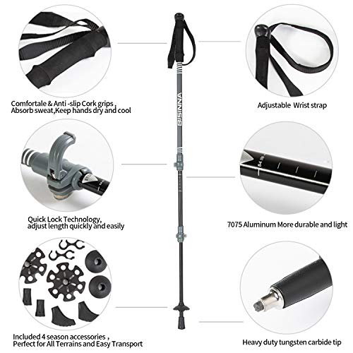 BISINNA Hiking Trekking Poles-2 Pack Adjustable Ultra Strong & Lightweight Aluminum 7075 Collapsible Hiking/Walking Sticks with EVA Grips, Quick Locks, 4 Season/All Terrain Accessories and Carry Bag