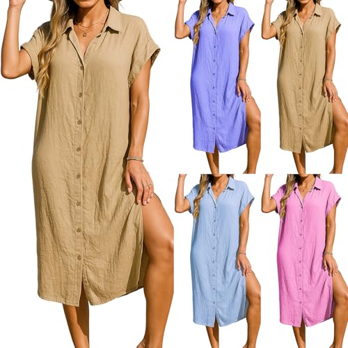 Khaki Button Down Dress for Women Short Sleeve Midi Summer Dress Collared Long Shirts Business Casual Linen Sundress Outfits for Hawaii Vacation for Women Vestido para La Playa De Mujer