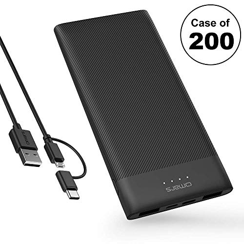 Case of 200, Omars Battery Pack Power Bank 10000mAh USB C Battery Bank Slimline Portable Charger with Dual USB Output Compatible with iPhone Xs/XR/XS Max/X, iPad, Galaxy S9 / Note 9, Mate 20 Pro