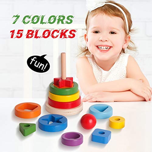 UMTOY Wooden Toys Rainbow Tower Sorting Stacking Rings Building Puzzles
