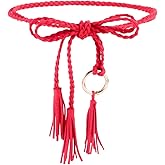 CRASPIRE Women Tassel Waist Belt Rope Boho Skinny Braided Belts Tie Red PU Leather Handmade Woven Long Macrame Thin Decorative Chain with Ring for Lady Dresses Clothes Outfit Skirts Wrap Tunics