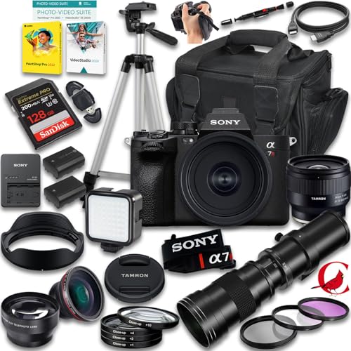 Sony a7R V Mirrorless Camera with Tamron 24mm f/2.8 Di III OSD M 1:2 and 420-800mm f/8 Manual Super HD Telephoto Lens + 128 GB Memory + Extra Battery + Camera Case + More (33pc Bundle)