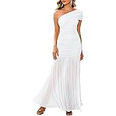 LAGSHIAN Women's Elegant Formal Long Dress One Shoulder Sleeveless Ruched Bodycon Evening Dress
