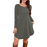 DEARCASE Women's Long Sleeve T Shirt Dress Crewneck Knee Length Loose Casual Flowy Swing Tunic Dresses with Pockets