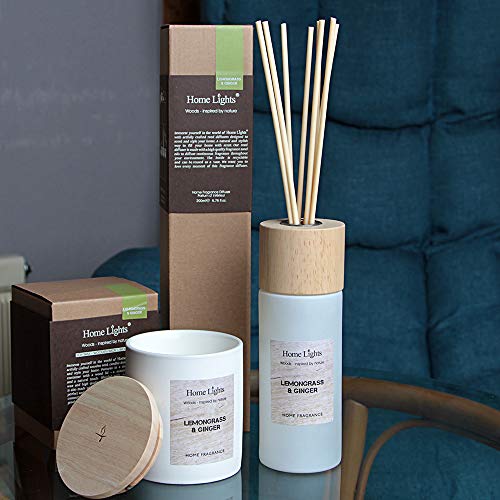 Home Lights Reed Diffuser Gift Set, Wooden Lid, Natural Scented Long Lasting Lemongrass Ginger Fragrance Oil for Home Office Gift Idea, Aromatherapy Air Freshener and Stress Relief, 200ml/6.76 fl.oz