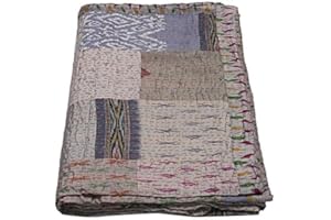 GDONLINE Indian Handmade Quilt Indian Silk Sari Kantha Quilted Patchwork, Silk Kantha Blanket Throw, Boho Vintage Bedspreads, (Silver/Gray, King 108" x 108")