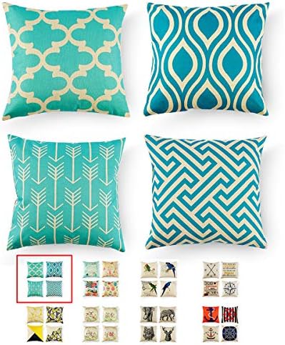 Xinrjojo Durable Cotton Linen Square Decorative Throw Pillows Cushion Covers Cases Pillowcases for Sofa 18X18 inch Set of 4-Turquoise