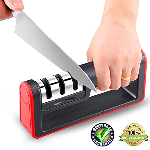 Best Manual Stainless Steel Knife Sharpener for Straight and Serrated Knives, Ceramic and Tungsten - Easy Sharpening for Dull Steel, Paring, Chefs and Pocket Knives, Sharpens Scissors by Flyusy