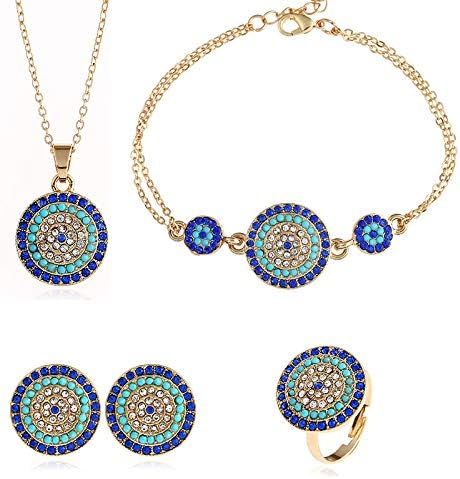 Mibuy Set of 4 Warcraft Eye Alloy Necklace Earrings Round Turkey Blue Eye Jewelry Crystal Collar Choker Casual Fashion Accessories Jewellery Sets for Women