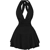 BEAUDRM Women's Y2k Halter Dress Sexy Ruched Tie Backless Tiered Layer Mini Dresses Deep V Neck Club Party A Line Short Dress