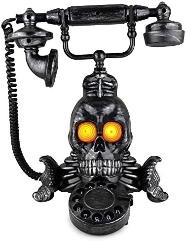11 Inch Victorian Spooky Skull Telephone with Spinning Orange Eyes - Spooky Phrases