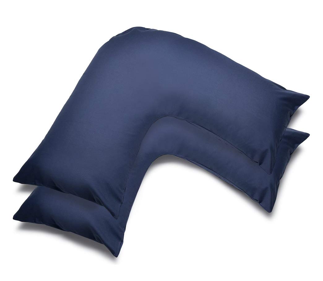 mFabrics Pack of 2 | Poly-Cotton Plain Dyed V Pillow Covers | UK V-Shaped Pillowcase Pair (Navy)
