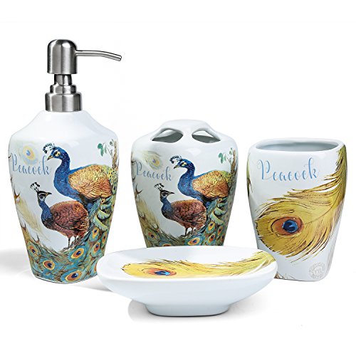 FORLONG FL3011 Ceramic Peacock Bathroom Accessories Set of 4:1 Gargle Cups,1 Toothbrush Holders,1 Soap Dishes,1 Soap Dispenser