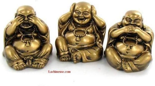 lachineuse, Set of 3 Laughing Wisdom Buddhas, Small Golden Buddhas, Feng Shui Decoration - Image 4