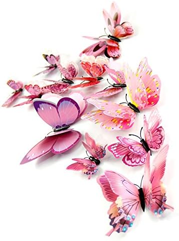 Mimihuhu 12 Sets Of 3d Double-Layer Butterfly Wall Stickers Fridge Magnet Room Decor Decal Applique Pink