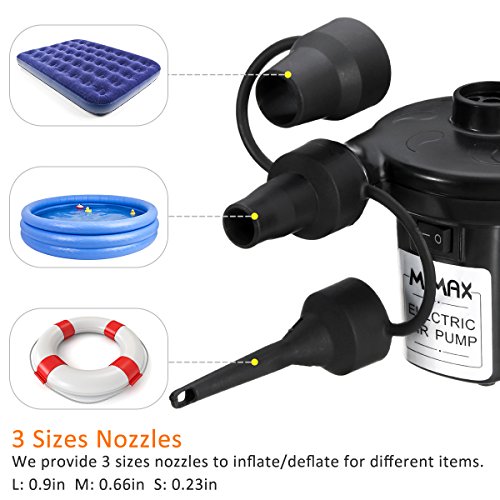 MIMAX Electric Air Pump Air Mattress Pump Portable Air Pump Quick-Fill Inflator Deflator 110V AC/12V DC with 3 Nozzles for Inflatables Air Bed Boat Raft Mattress Outdoor, Car Use, Indoor, Black