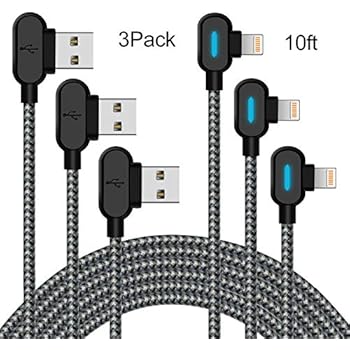 90 Degree Lightning Cable 10ft Right Angle iPhone Charging Cable with Blue LED Light 3 Pack Nylon Braided USB Data Charger Cable Fast Charge Cord Compatible iPhone Xs MAX XR X 8 7 6s (Black Gray,10ft)