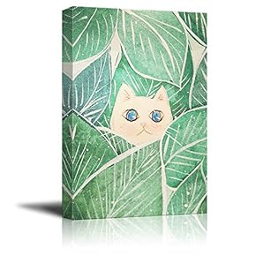 Watercolor Style White Cat Among Big Green Leaves