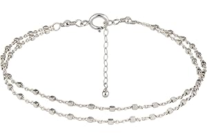 Annika Bella Double Stranded Ankle-Bracelet for Women, Length 9-10 Inches, Sterling Silver Satellite Chain Layering Anklet, D