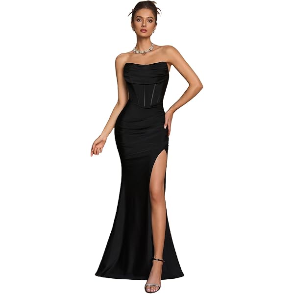 Amazon.com: AOSHABABI Women's Cocktail Dresses Elegant Black Strapless Slit  Mermaid Evening Dresses for Wedding Guest : Clothing, Shoes & Jewelry