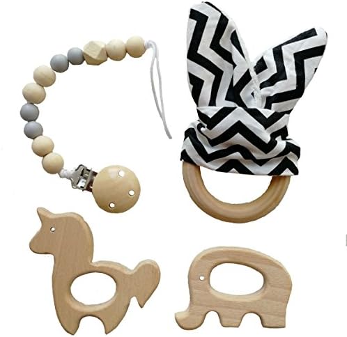 Muhuyi 4 Pack Baby Teether Ring Natural Wooden Baby Teething Toys and Pacifier Clip
