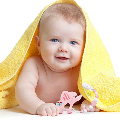 AmazingM Baby Teething Toys,Food Grade Silicone Elephant Teether Toy with Pacifier Clip Holder Set for Newborn Babies,BPA Free,Freezer Safe (Pink) - Thumbnail 5