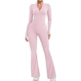 YEOREO Women Long Sleeve Flare Workout Jumpsuit Zip Up Romper Bottom Pants Wide Leg Bodysuit Bodycon Sexy One Piece