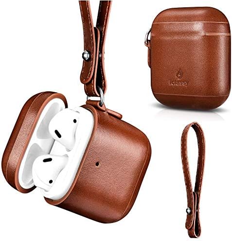 AirPods Leather Case with Strap Keychain, Portable Protective Wireless Charging Compatible Case for Apple AirPods 2 & 1, Front LED Visible ( iclassy Brown)