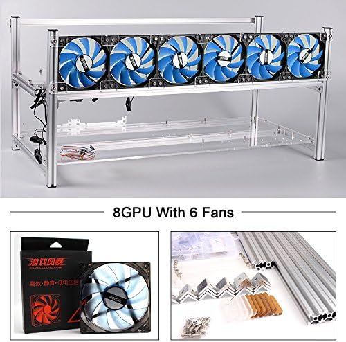 Aluminum 8 GPU Mining Rig Case With 6 PCS 120mm Case Fan, Stackable Open Air Frame Miner Case For ETH/ETC/ZCash/Cryptocurrency(Blue LED Fans,Silver)