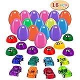 16 PCs Filled Easter Eggs with Toy Cars, 3.15in Colorful Easter Eggs Prefilled with Various Pull Back Vehicles and Cute Ladybirds