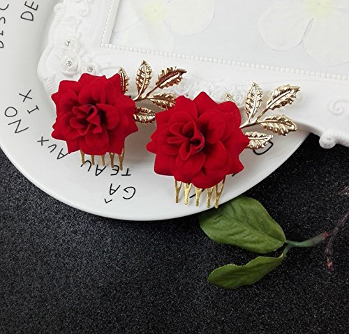 Flower head comb hair fork golden headdress red roses upscale bridal red leaf dish made hair accessories - Thumbnail 2