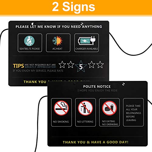 Uber & Lyft Rating Tips Accessories Rideshare Driver Signs-Large 9" x 6" Inch Premium Thick Laminated Durable Backseat Headrest Display Hanging Card (2 Pack)