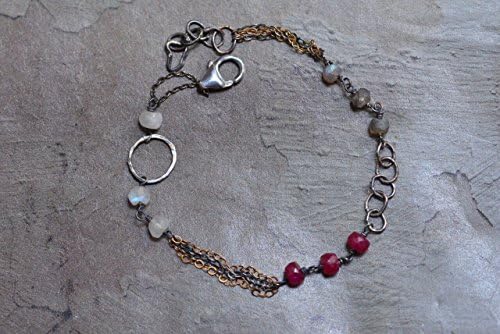 Ruby Labradorite Moonstone Oxidized Sterling Silver Link Bracelet