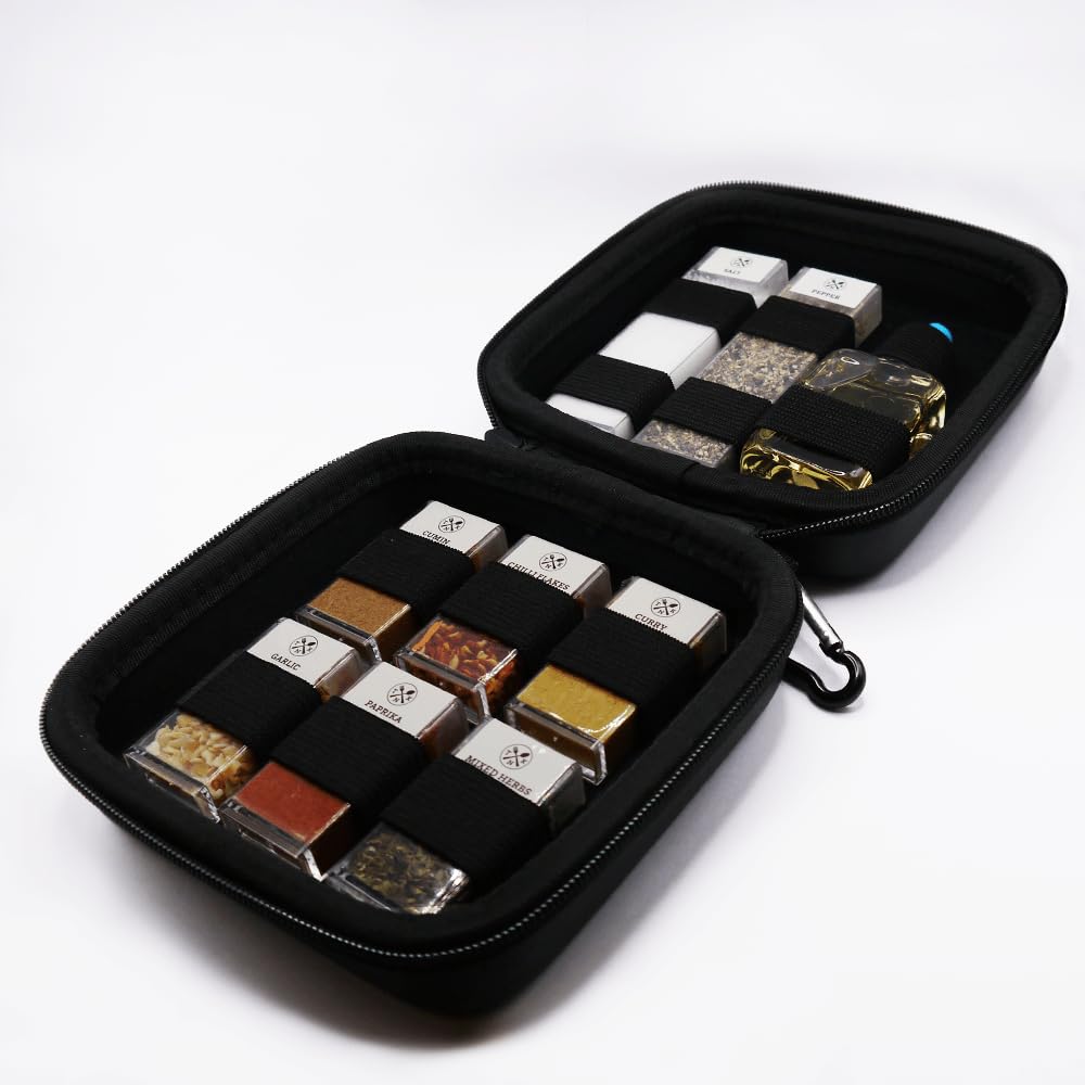 Nomads Kitchen Portable Spice Rack. Essential Camping Accessories for Cooking | 8 Herbs & Spices & Cooking Oil in a Compact Hard Case. Perfect for Camping, Hiking, Fishing, Outdoor Adventures & Gifts