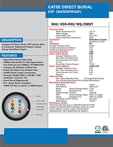 Vertical Cable CAT5E, Shielded Waterproof Tape, Direct Burial, 1000ft, Black, Bulk Ethernet Cable, Wooden Spool